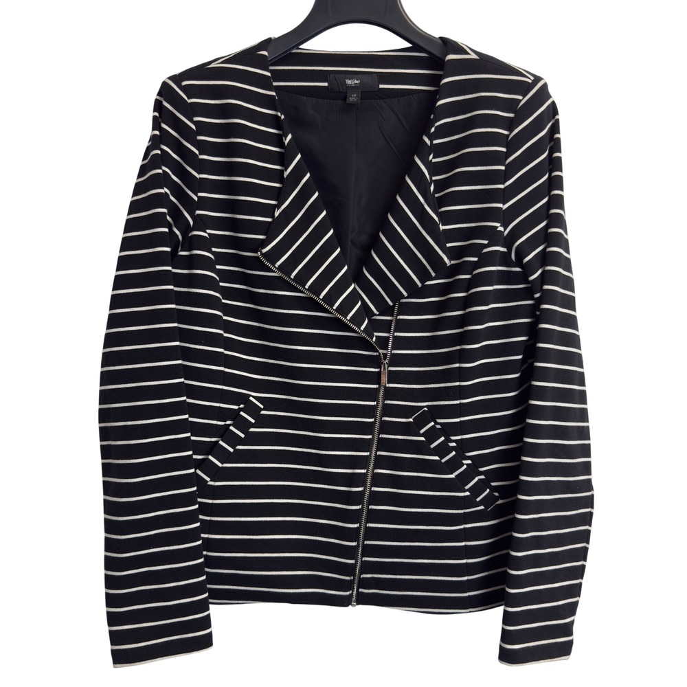 Mossimo Womens Black White Striped Asymmetrical Zip Moto Jacket Large